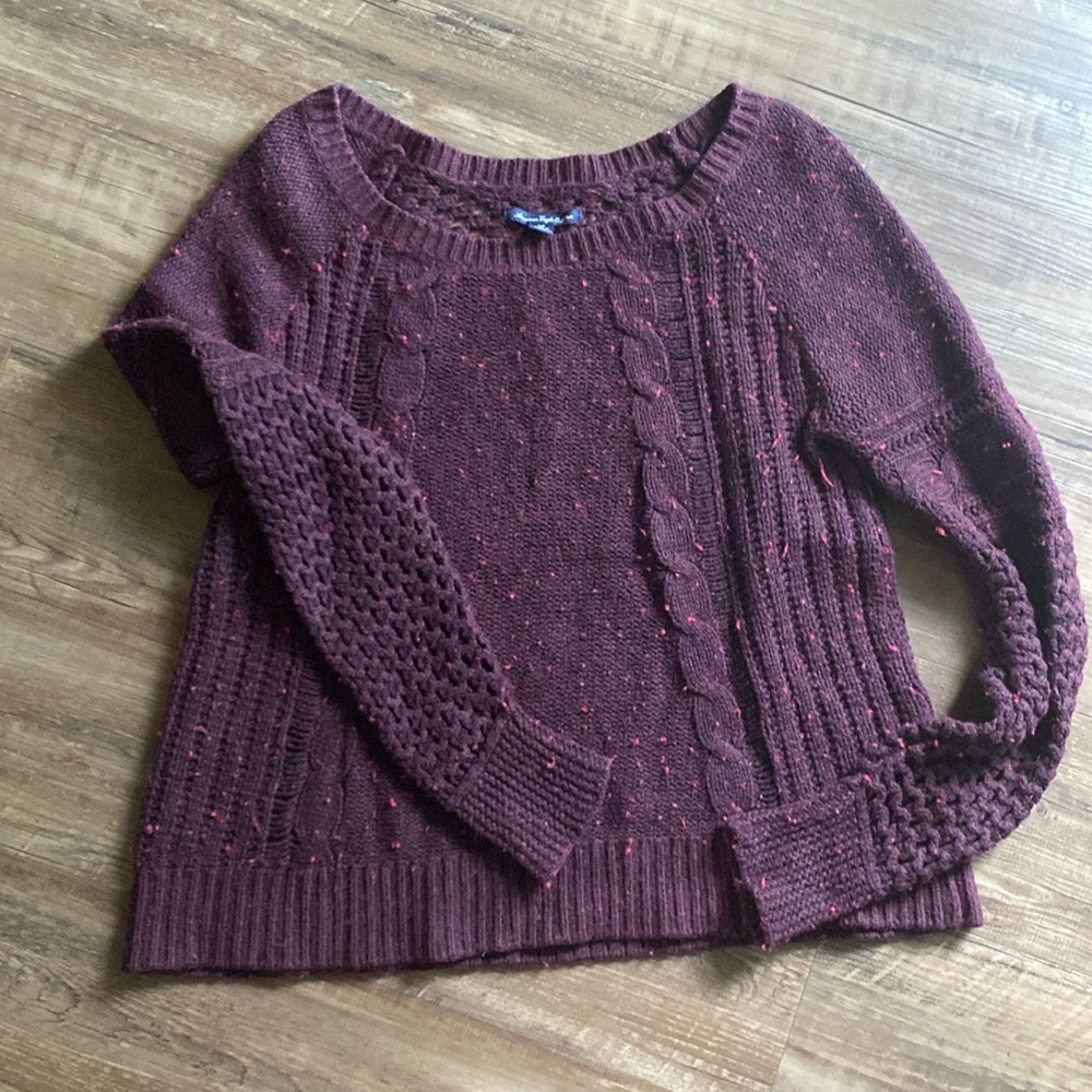 American Eagle burgundy purple thick cable netted knit sweater small